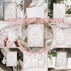 She’s Tying the Knot Bridal Shower Bundle Pink Bow Coquette Wedding Shower Invitation Welcome Sign Favors Editable Canva Template