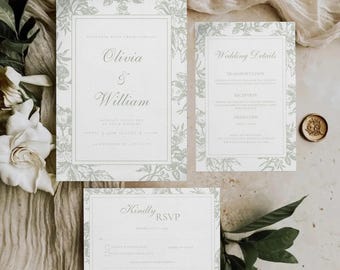 Sage Green Wedding Invitation Suite Minimalist Vintage Floral Invite Set RSVP Details Card Template Minimalist Wedding Invite Wedding Bundle