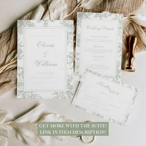 Sage Green Wedding Invitation Minimalist Vintage Floral Invite Template Minimalist Wedding Invite Wedding Botanical-Garden Coquette Invite image 2