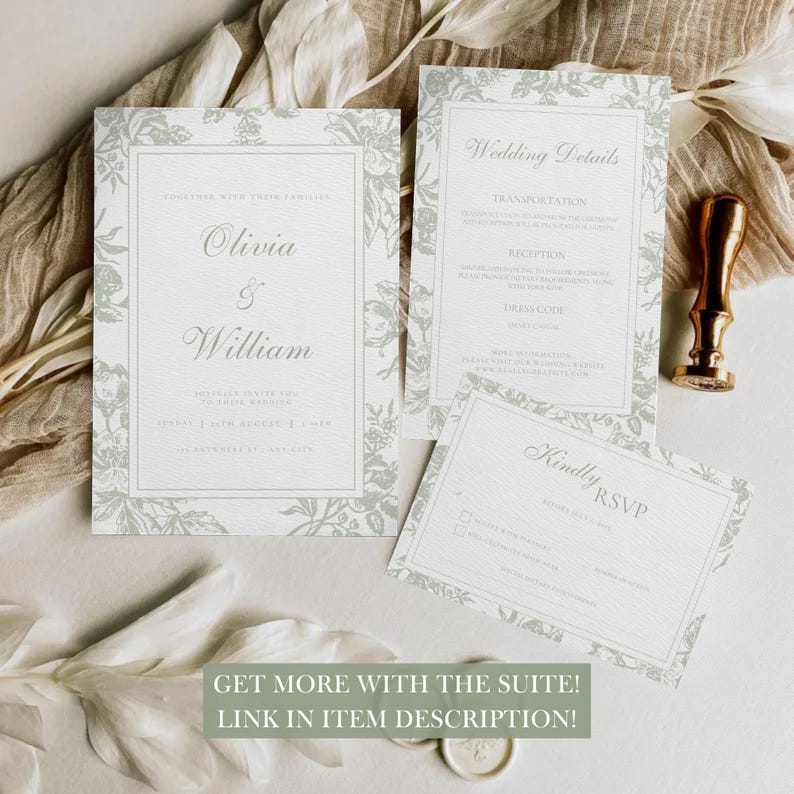 Sage Green Wedding Invitation Minimalist Vintage Floral Invite Template Minimalist Wedding Invite Wedding Botanical-Garden Coquette Invite image 2