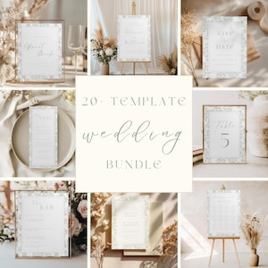 May include: A collection of wedding stationery templates, including invitations, menus, and signage. The designs feature a floral border and elegant typography. The text includes "Wedding Bundle", "Save the Date", and "Menu". The color palette is soft, with a focus on neutral tones and green accents.
