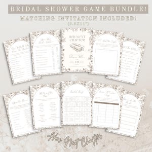 Könnte beinhalten: Ein Brautparty-Spielpaket mit passender Einladung. Das Paket enthält verschiedene Spielblätter mit floralen Bordüren. Der Text auf der Einladung lautet "Her Next Chapter" und enthält den Namen "Olivia Wilson". Die Blätter messen 21,6 x 27,9 cm.