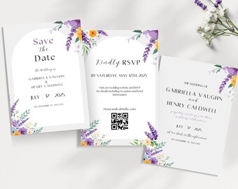 May include: Three save the date cards with floral designs in shades of purple, yellow, and green. The text on the cards reads "Save the Date", "The wedding of Gabriella Vaughn & Henry Caldwell, July 12, 2025", "Kindly RSVP by Saturday, May 17th, 2025", and "The wedding of Gabriella Vaughn and Henry Caldwell, July 12, 2025, at 4 o'clock in the afternoon".