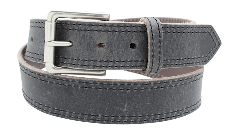 May include: A grey leather belt with double stitching and a silver buckle.