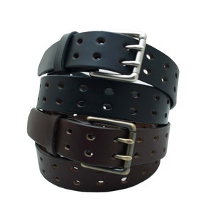 Double Hole Leather Belt with Double Prong Buckle