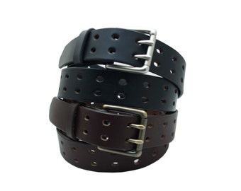 Double Hole Leather Belt with Double Prong Buckle