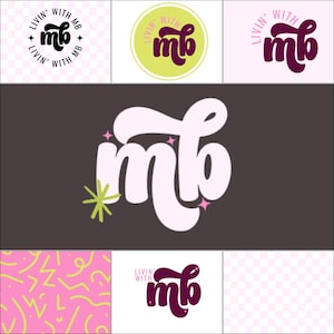 May include: A collection of logos featuring the text "Livin' With MB." The primary logo displays the letters "mb" in a stylized, cursive font, with a starburst and star accents. Other versions include the text in a circle and on a pink background.