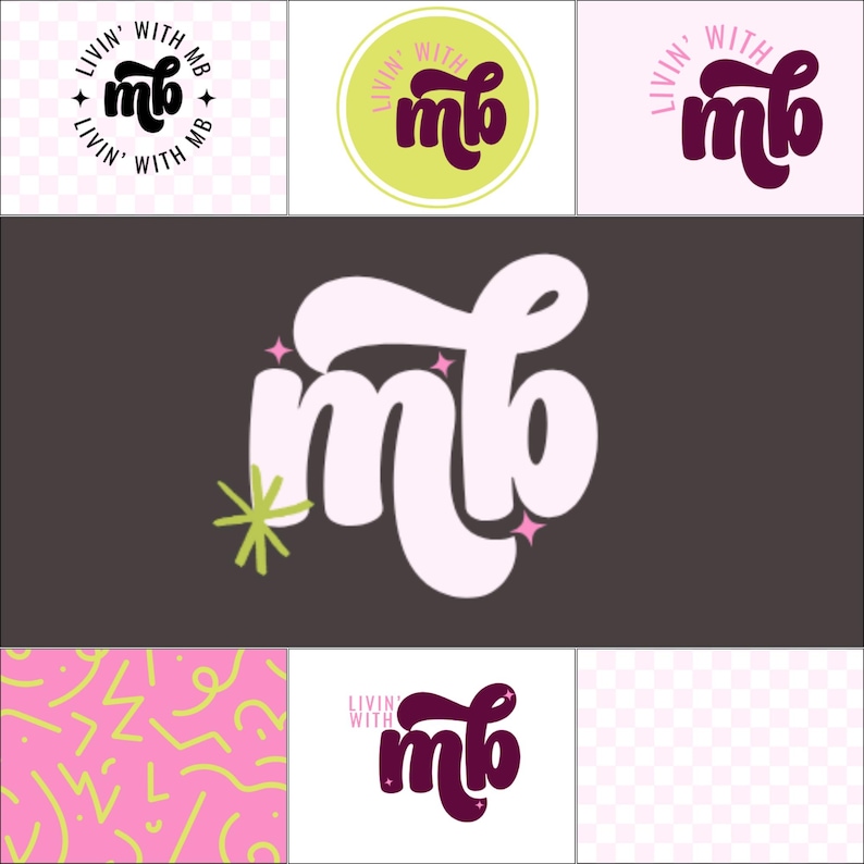 May include: A collection of logos featuring the text "Livin' With MB." The primary logo displays the letters "mb" in a stylized, cursive font, with a starburst and star accents. Other versions include the text in a circle and on a pink background.