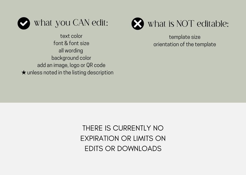 May include: A graphic with text detailing editable elements: text color, font, wording, background color, and image/logo/QR code. Non-editable elements include template size and orientation. The text also states there are no expiration dates or limits on edits or downloads.