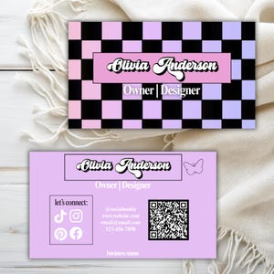 Bearbeitbare Visitenkarte Vorlage in Canva | Digitaler Download | Druckbare Visitenkarte | Retro, Ombre, Kariert | Femininer Stil