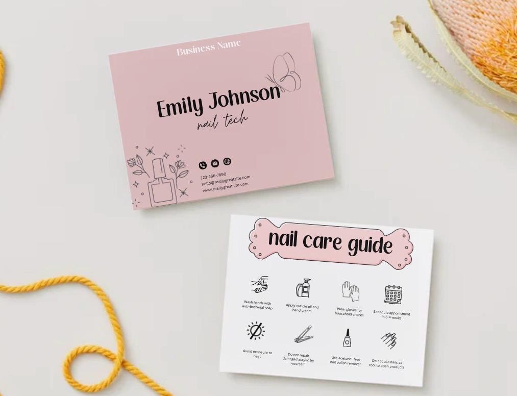 Modern White & Pink Illustrative Nail Care Card | Digital Download for Small Business Marketing