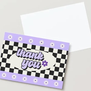 Biglietto di ringraziamento viola, retrò e a scacchi / Modelli aziendali modificabili / Biglietti da visita personalizzati / Modello Canva / Biglietto di apprezzamento