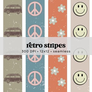 Patrón digital sin costuras de rayas retro de los años 70 / Diseño de tela bohemia hippie / Diseños de sublimación para ropa, estampados y calcomanías