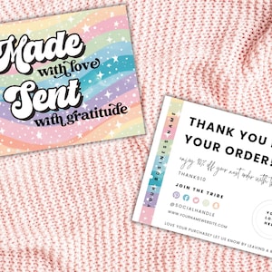 Sprankelend, regenboog bedankkaartsjabloon | Bewerkbare canvassjabloon | Gepersonaliseerde visitekaartjes | Canvassjabloon | Waarderingskaart