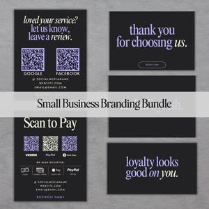 Edytowalny pakiet szablonów do brandingu małych firm: Możliwość dostosowania w Canva | Wizytówka, Karta z podziękowaniami, Karta lojalnościowa, Skanowanie w celu zapłaty, Recenzja