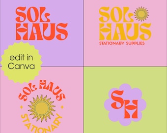 Vintage Retro Logo Templates: Editable Colorful Canva Branding Kit (Digital Download), Logo with a Sun
