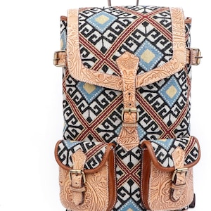 Handmade Western Leather Backpack: Tooled Rucksack Travel Bag