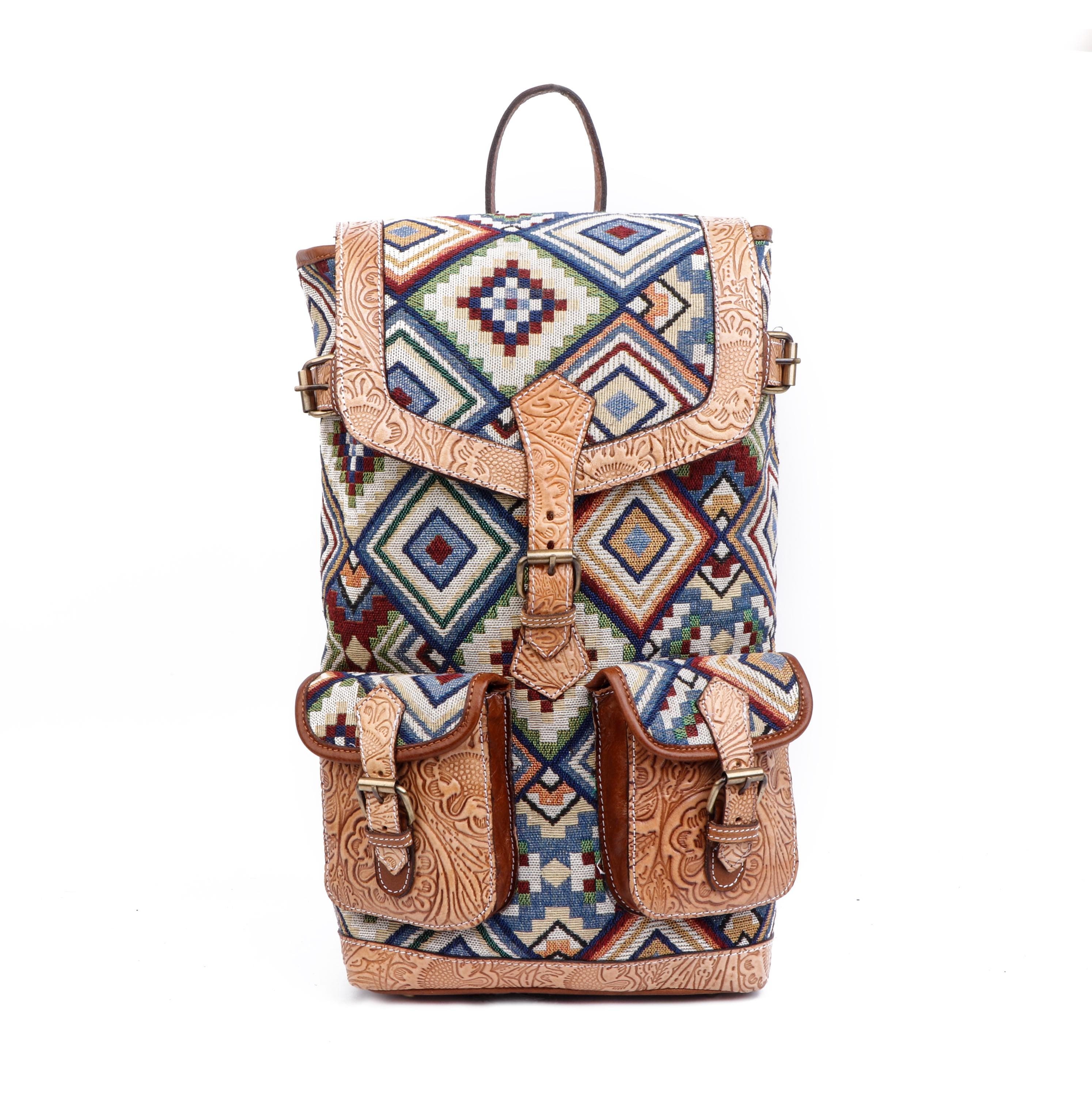Tooled Leather Wool‎ Tweed Suede Artisan Hand Made Purple  Brown Backpack Bag The Artisan Backpack in Cocoa — J.L. Rocha Collections main image 2