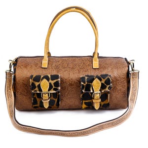 Bolso de lona grande estilo western de cuero repujado, hecho a mano: ideal para llevar en el equipaje de mano, de fin de semana, de viaje, de noche y deportivo, para hombre y mujer.