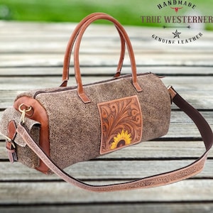 Handmade Large Leather Duffle Bag | Western Weekender Bag | Cowhide Duffel Bag | Hair On Cowhide | Hand Tooled Leather Duffle Bag