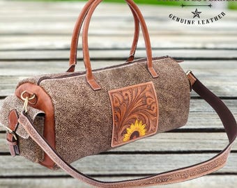 Handmade Leather Duffle Bag: Cowhide Weekender Travel Bag