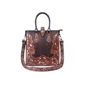 Bolso de cuero genuino hecho a mano estilo occidental / Monedero marrón artesanal para mujer / Elegante bolso de hombro con diseño artístico único