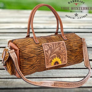 Handmade Leather Duffle Bag | Cowhide Duffle Bag | Hair On Cowhide Bag | Tooled Leather | Western Weekender Bag | Western Luggage