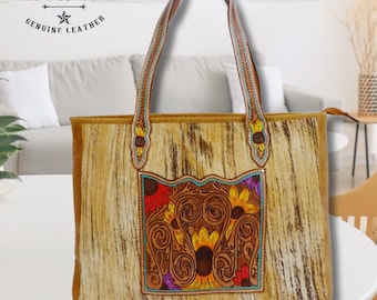 Handmade Leather Tote Bag: Western Floral Hand-Tooled Shoulder Bag