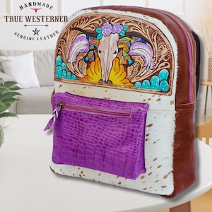 Handmade Leather Backpack: Western Floral Tooled Cowgirl Bag