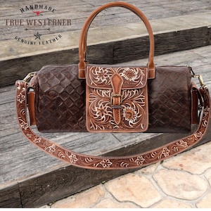 Handmade Large Leather Duffle Bag | Western Duffle Bag | Leather Weekender | Cowboy Duffel Bag | Cowgirl Duffle Bag | Cowhide Duffle Bag