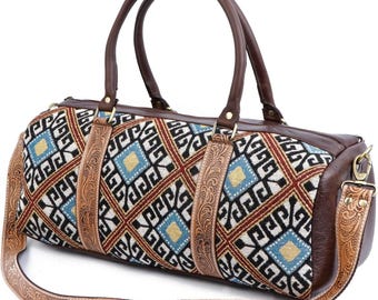 Handmade Tooled Leather Duffle Bag: Western Weekender Travel Bag