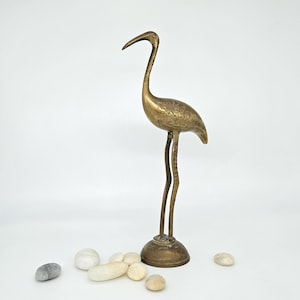 Vintage MCM Brass Crane Figurine, Standing Bird Tabletop Sculpture