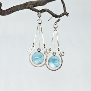 Glass and Tribal Silver Swirl Dangle Earrings, OOAK Glacier Blue Florist Gems Jewelry