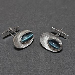 Vintage Atomic Era Cuff Links: Silver & Blue Stone Wedding Jewelry