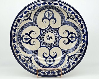Vintage Moroccan Pottery Bowl, Hand-Painted Blue & White Ceramic Fassiware