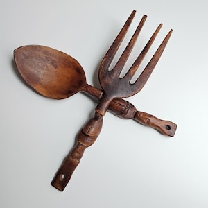 Rustic Wooden Salad Serving Set, Large Tribal Carved Wood Fork and Spoon, Vintage Treenware
