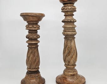 Pair of Carved Wood Candlesticks, Rustic Pillar Candle Holders, 5th Anniversary Gift