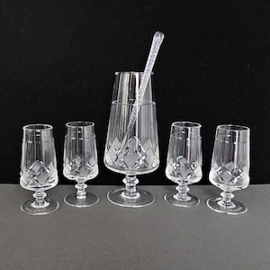 Vintage European Crystal Cocktail Set: Carafe, 4 Glasses & Stirrer