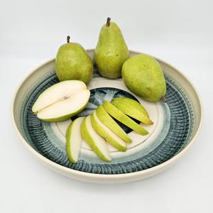 Large Ceramic Platter, Beautiful Blue Green on Creamy White Round Studio Pottery Unique Serving Dish, Artist Signed