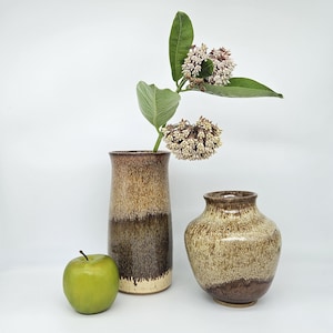 Signed Studio Pottery Vases: Wheel-Thrown Oatmeal & Espresso Glaze