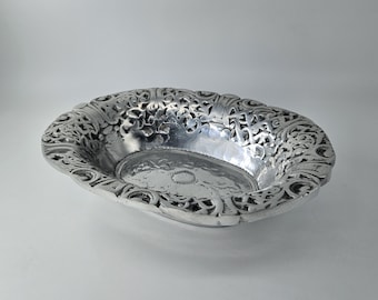 Ornate Aluminum Dish, Small Mexican Metalwork Bowl, 10th Anniversary Gift