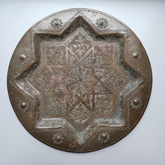 Antique Moroccan Copper Tray, 14-Inch Hand Hammered Tea Tray, 7th Anniversary Gift