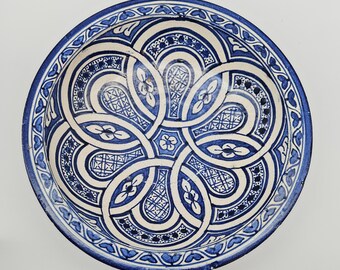 Vintage Moroccan Blue and White Ceramic Bowl, Hand Painted Fez Pottery, Fassiware Bowl