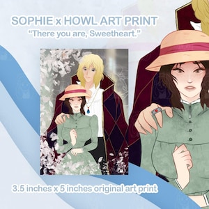 May include: A 3.5 by 5 inch art print featuring a romantic scene from the animated film Howl's Moving Castle. The print depicts Sophie and Howl standing close together, with Howl's arm around Sophie's shoulder. Sophie is wearing a green dress and a straw hat, while Howl is wearing a white shirt, a red and black robe, and a gold necklace with a blue pendant. The background is a soft, white and grey colour with a floral pattern.