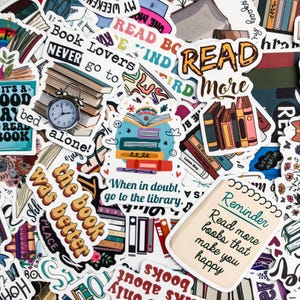 May include: A collection of colorful stickers with book-themed designs. The stickers feature phrases like "Read More," "Book Lovers," and "When in doubt, go to the library." Some stickers depict stacks of books, clocks, and open books.