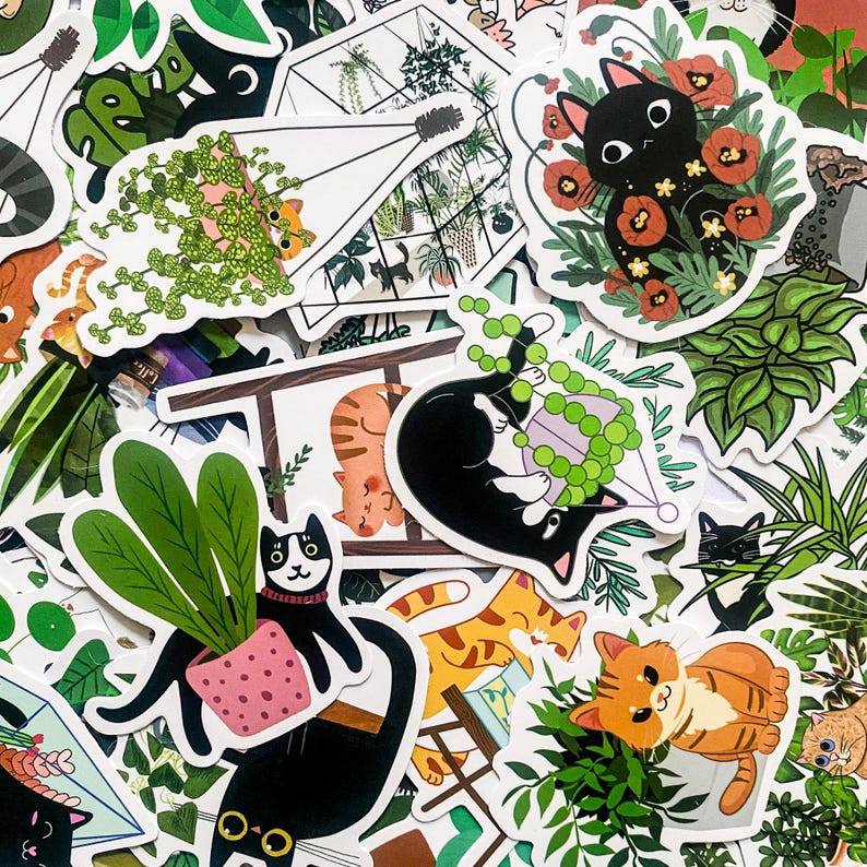 May include: A collection of colourful stickers featuring cats, plants, and flowers. The stickers are printed on white paper and have a glossy finish. The stickers are perfect for decorating journals, laptops, water bottles, and other surfaces.