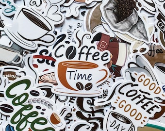 May include: A collection of colorful coffee-themed stickers with various designs, including a coffee cup with the text "Coffee Time", a bag of coffee beans, and a stylized coffee cup with the text "Good Coffee Good Day".
