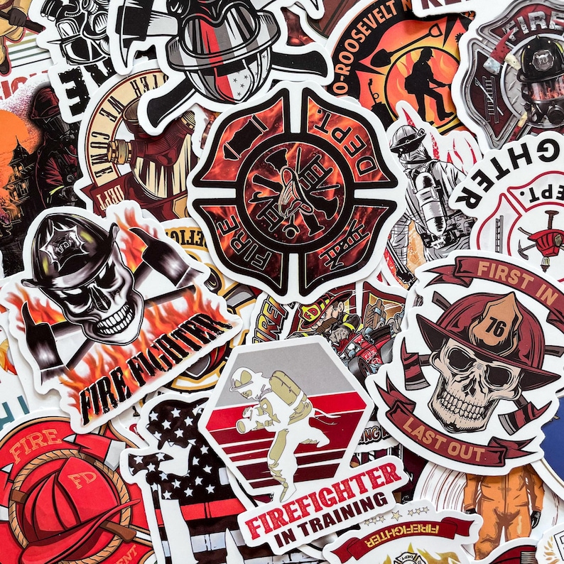 50 Random Firefighter Stickers, Fire Helmet Decals, Firefighter Quote ...