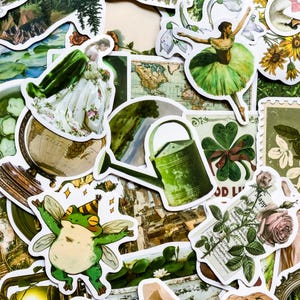May include: A collection of green and white stickers featuring a variety of designs, including a globe, a watering can, a four-leaf clover, a frog, a rose, and a woman in a green dress. The stickers are perfect for adding a touch of whimsy to journals, planners, and other creative projects.