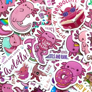 50 Random Kawaii Axolotl Stickers, Cute Pink Salamander Stickers for Kids, Teens, Axolotl Lovers, Waterproof Stickers for Scrapbook, Journal